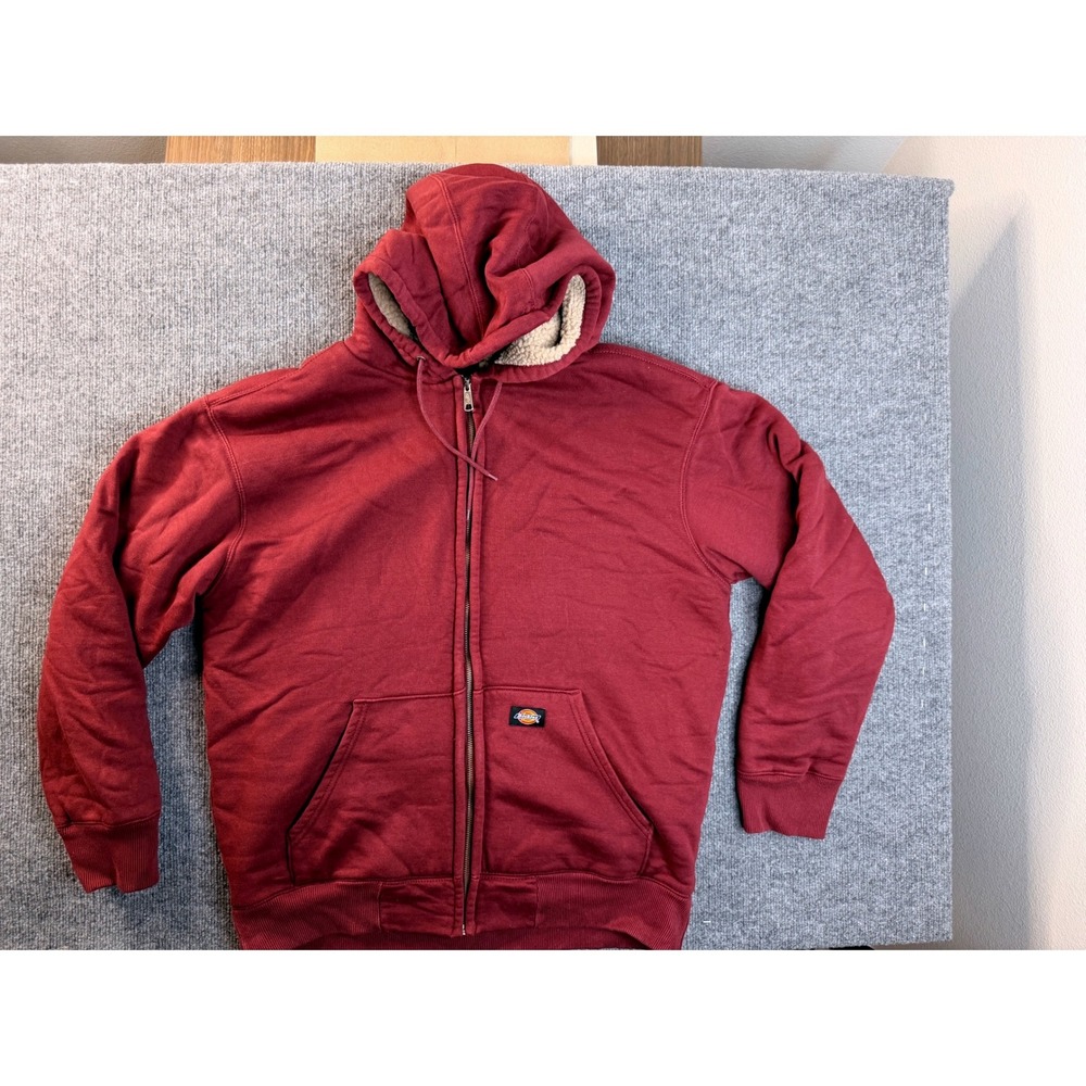 Dickies Mens Large Burgundy Sherpa Lined Zip Up Hoodie Heavyweight Work Jacket